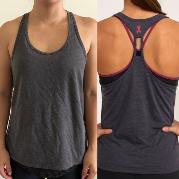 Under Armour Gray Tank Top Athletic Racerback Pink Trim Breast Cancer - Picture 1 of 4